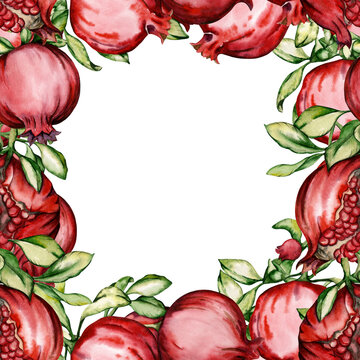 Bright red pomegranate watercolor frame