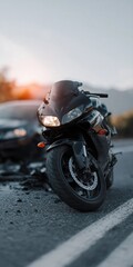 Naklejka premium Motorcycle damaged after collision on roadside at dusk