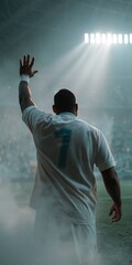 Obraz premium Soccer player raising hand entering stadium tunnel under floodlights