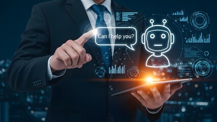 Fototapeta premium Businessman interacts with a holographic chatbot displayed above his digital tablet.
