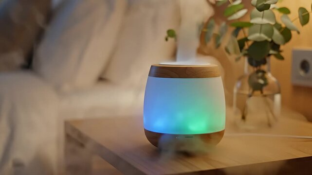 Aromatherapy diffuser on nightstand with soft lighting and vapor