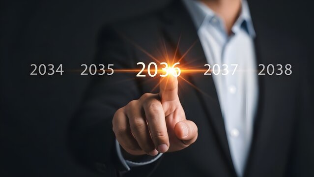 Businessman points to the illuminated year 2036 on a timeline, representing future planning and vision.