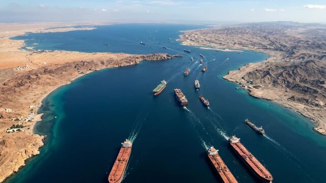 Hormuz Strait with oil tankers and cargo ships navigating strategic narrow waterway between Iran and Oman representing global energy supply maritime trade logistics and international economic security