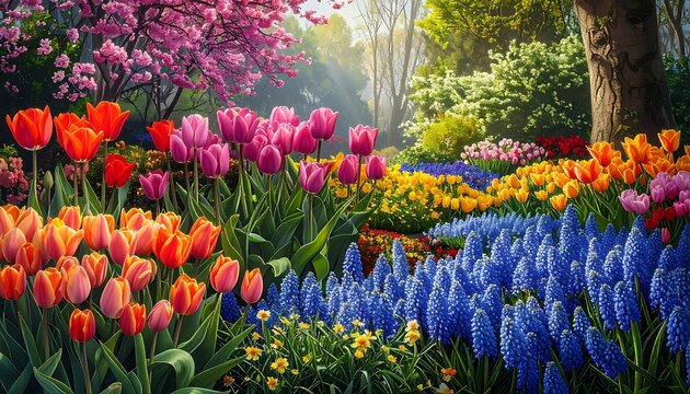 A vibrant garden bursts with colorful tulips, hyacinths, and other blooms. Sunlight filters through the trees