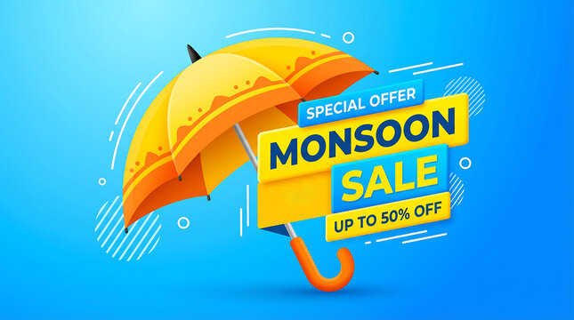 Eye-catching yellow and orange umbrella promotes a special monsoon season sale with significant discounts.