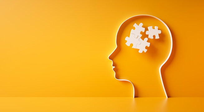 Conceptual artwork showing a 3D silhouette of a head with puzzle pieces, symbolizing mental activity, intelligence, or creativity - 3D illustration on yellow background