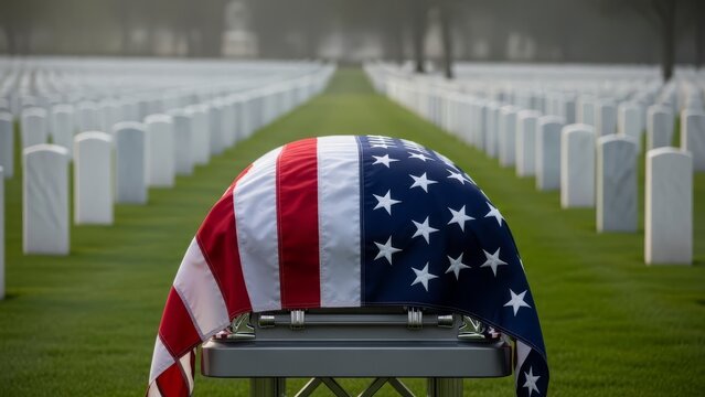 American flag draped casket at cemetery