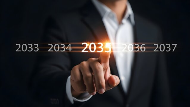 Corporate hand touches the illuminated year 2035 on a virtual timeline, representing future vision.