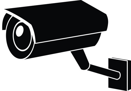 Black sketch of a CCTV camera on a wall bracket with a highlighted lens.