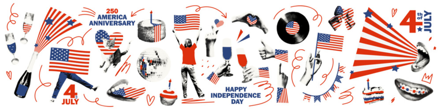 Happy USA Independence day, halftone stickers and doodles for celebration of 4th July. America national flag, cake, clinking glasses for collage and scrapbook Modern retro vector illustration isolated