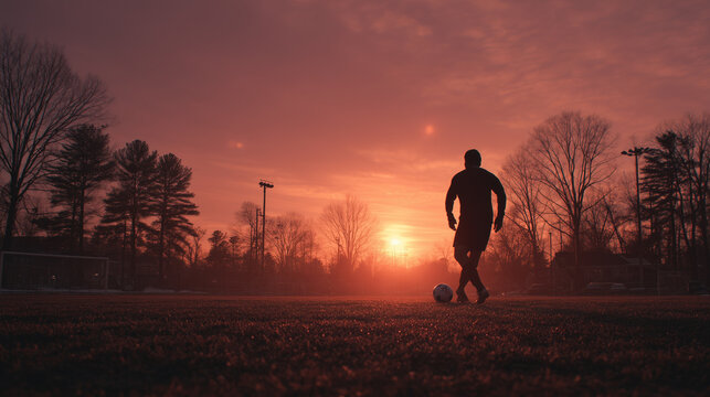 夕暮れのグラウンドで練習するサッカー選手のシルエット