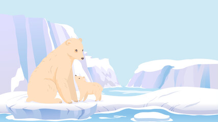 Polar bear cub on arctic ice floe with mother in frozen northern landscape. Vector illustration of endangered wildlife in melting glacier scenery © backup_studio