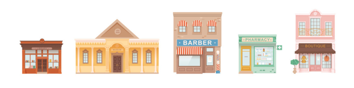 City buildings facades. Exterior facades of library, museum, barber shop, pharmacy, boutique store. Urban infrastructure infographics.