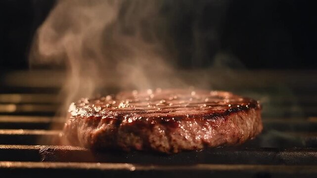 A juicy beef patty sizzles on a hot grill with visible flames and rising steam capturing the essence of outdoor cooking at its peak moment just before perfect sear is achieved