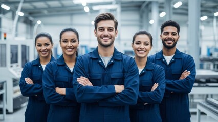 Obraz premium Diverse team of smiling young professionals in blue uniforms standing with arms crossed in a modern factory.