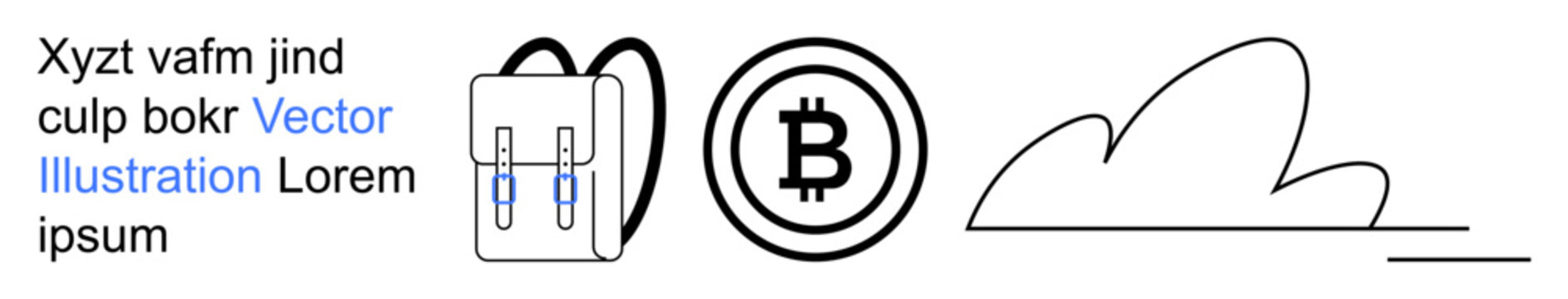 Cryptocurrency, blockchain, education, travel, technology, cloud storage. Backpack, Bitcoin logo and cloud icon in minimal line art. Cryptocurrency and blockchain concept
