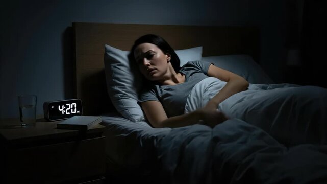 Woman, awake in darkness, experiencing chronic insomnia, restless wakefulness, profound exhaustion, sleep fragmentation, and severe nocturnal disturbance, struggling during the early morning hours