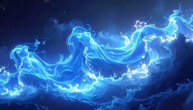 A vibrant cosmic depiction featuring a flowing, electric blue essence undulating across a starlit, nebulous background