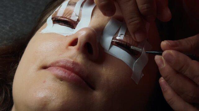 Woman receiving an eyelash lift procedure, enhancing natural beauty and eye aesthetics, performing a lash perm with special rods during a professional salon treatment