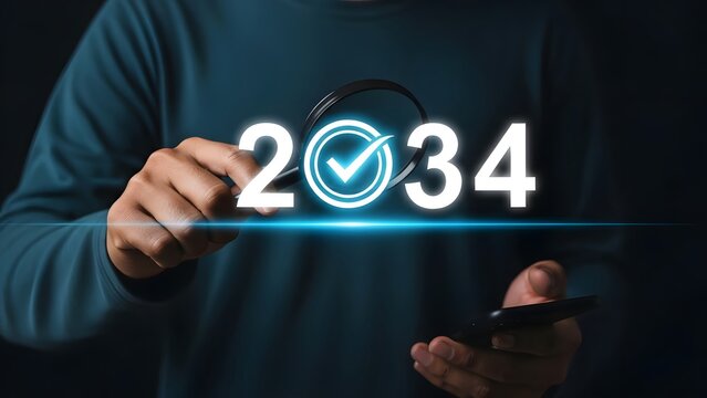 Person in a blue shirt interacting with a futuristic interface displaying the year 2034