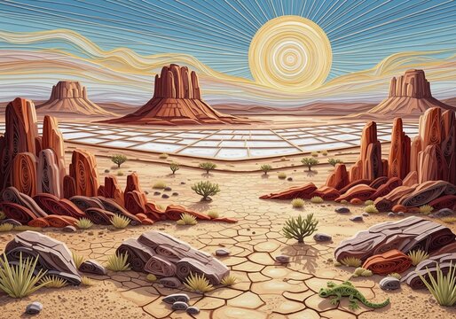 Paper craft desert landscape with red buttes cracked ground and lizard under bright sun