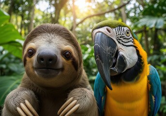 Fototapeta premium Close up portrait of smiling sloth and colorful macaw parrot in lush tropical jungle forest