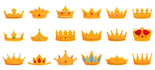 Obraz premium Cartoon diadem and crown. King queen head decorations with gemstones. Isolated golden crowns tiaras, monarch jewelry symbols. Royal sapid vector clipart