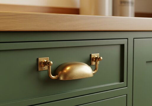 Close up luxury brass handle on dark green kitchen cabinet drawer with wooden countertop