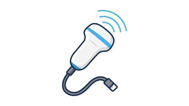 Ultrasound Probe Medical Device Vector Icon Illustration with Editable Stroke. Modern Flat Design of Handheld Sonography Scanner with Sound Waves and Cable for Healthcare and Diagnostic Imaging.