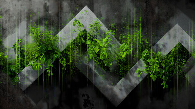 normalizing. Nature and technology concept with organic plant patterns merging with geometric green and silver shapes. product launch decks.