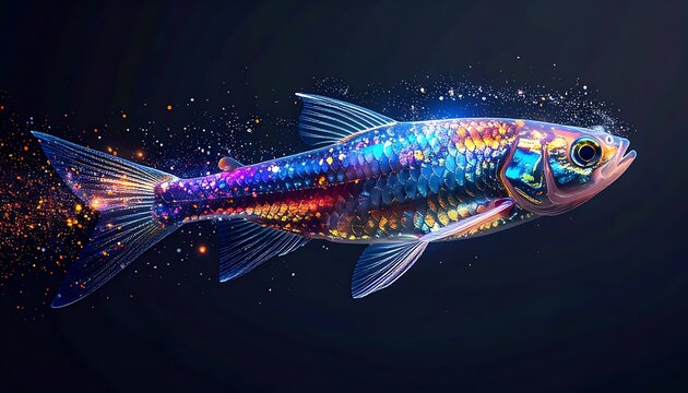 A vibrant, bioluminescent aquatic creature swims against a dark backdrop. Glittering particles emanate from its body