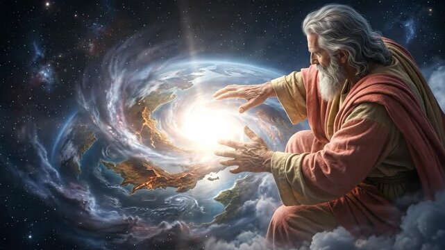 Eternal spirit create: God design, universe form, planet evolve, divine power, cosmic energy, sacred origin, religious belief, world concept, ancient vision.