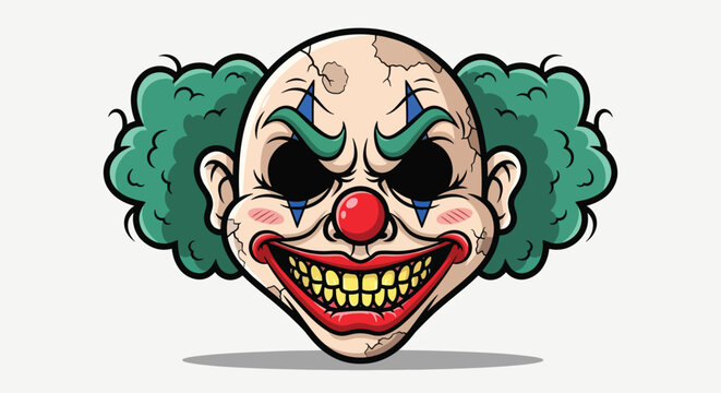 Scary Clown Face Illustration with Evil Grin and Green Hair.