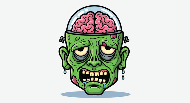 Scary Zombie Head with Exposed Brain and Drooling Mouth.