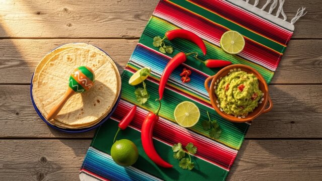 Mexican fiesta ingredients arranged on wooden table with serape blanket.