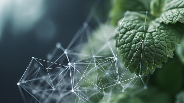 normalizing. Nature and technology concept with organic plant patterns merging with geometric green and silver shapes. product launch decks.