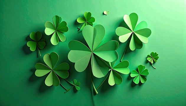 A vibrant image showcases hand-cut green paper clovers on a gradient green backdrop. The arrangement displays varying sizes