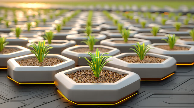 normalizing. Nature and technology concept with organic plant patterns merging with geometric green and silver shapes. product launch decks.