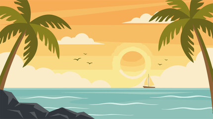 Fototapeta premium Tropical beach sunset landscape with palm trees, sailboat, and flying birds