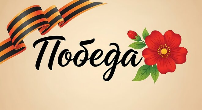 A graphic design featuring a red flower with green leaves and a ribbon on a beige background with the word pobeda in black cursive font