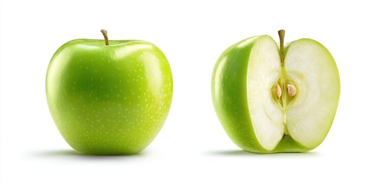 The Green Apple Shown Whole and Sliced on Clean White Background with Shadow