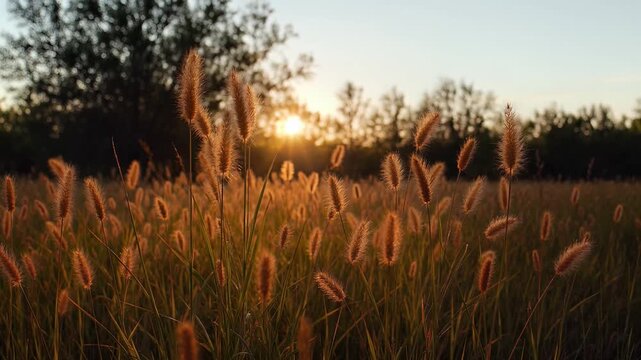 Golden sunset light shining through wild foxtail grass in a summer field