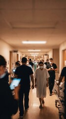 Fototapeta premium Patient Moving Through Busy Hospital Corridor