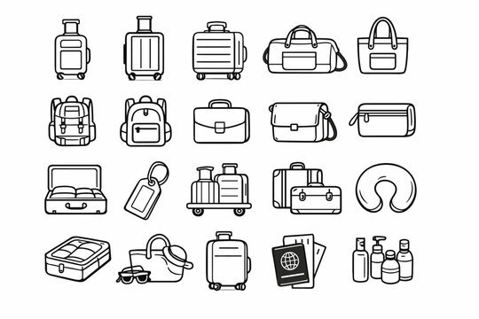 Hand-drawn travel bag and suitcase icon set with baggage, luggage, backpack, valise, and packing trip symbols. Vector line art of passport, neck pillow, briefcase, and vacation accessories.