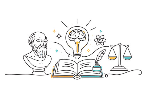 Continuous line art illustration of philosophy and education featuring a philosopher bust, open book, lightbulb with brain, scales of justice, and atom symbol for wisdom and science concepts.