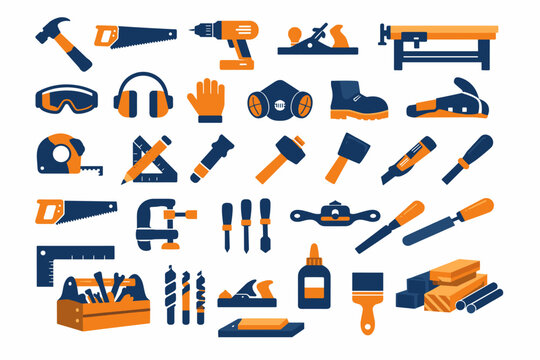 Flat Vector Icon Set of 30 Woodworking and Carpentry Tools in Duotone Style Featuring Hammer, Hand Saw, Power Drill, Workbench, Safety Gear, Measuring Tape, Chisel, Toolbox, and Wood Materials.