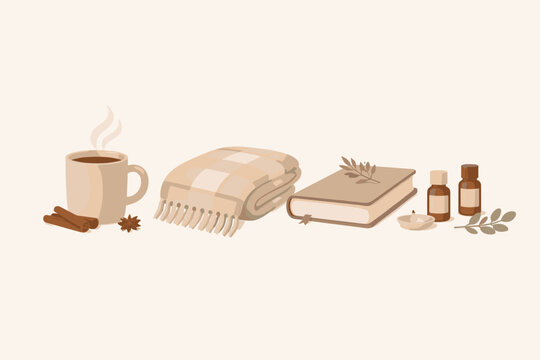 Minimalist winter wellness collection with a steaming hot mug, cinnamon, star anise, soft plaid blanket, book, and aromatherapy essential oil bottles for cozy relaxation and self-care at home.