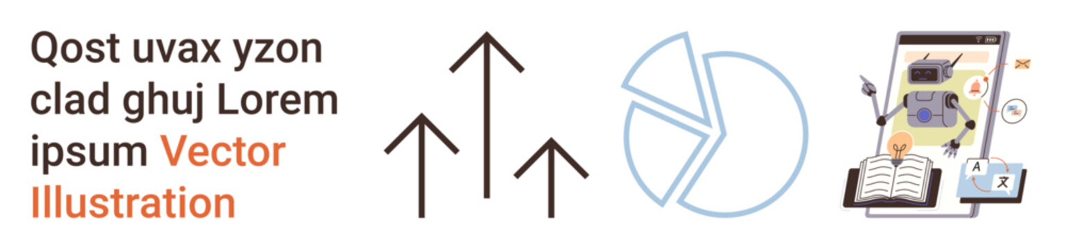 Digital marketing, data analytics, AI development, education, business insight, futuristic tools. Pie chart and arrows with an AI robot on a screen and book. Data analytics and digital marketing