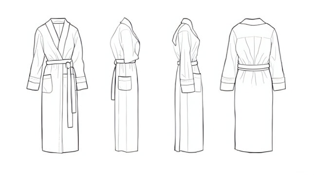 Long Robe Bathrobe Fashion Sketch Front Side Back