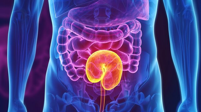 Medical illustration of bladder cancer focusing on urinary tract tumor pathology, cystoscopy diagnosis, clinical staging and comprehensive treatment for urological oncology research and education